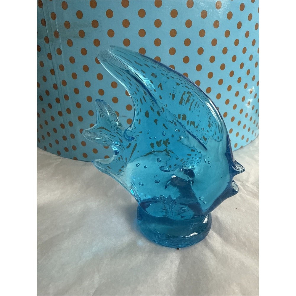 Vincci Art Glass Hand Blown Turquoise Angel Fish Paperweight MCM